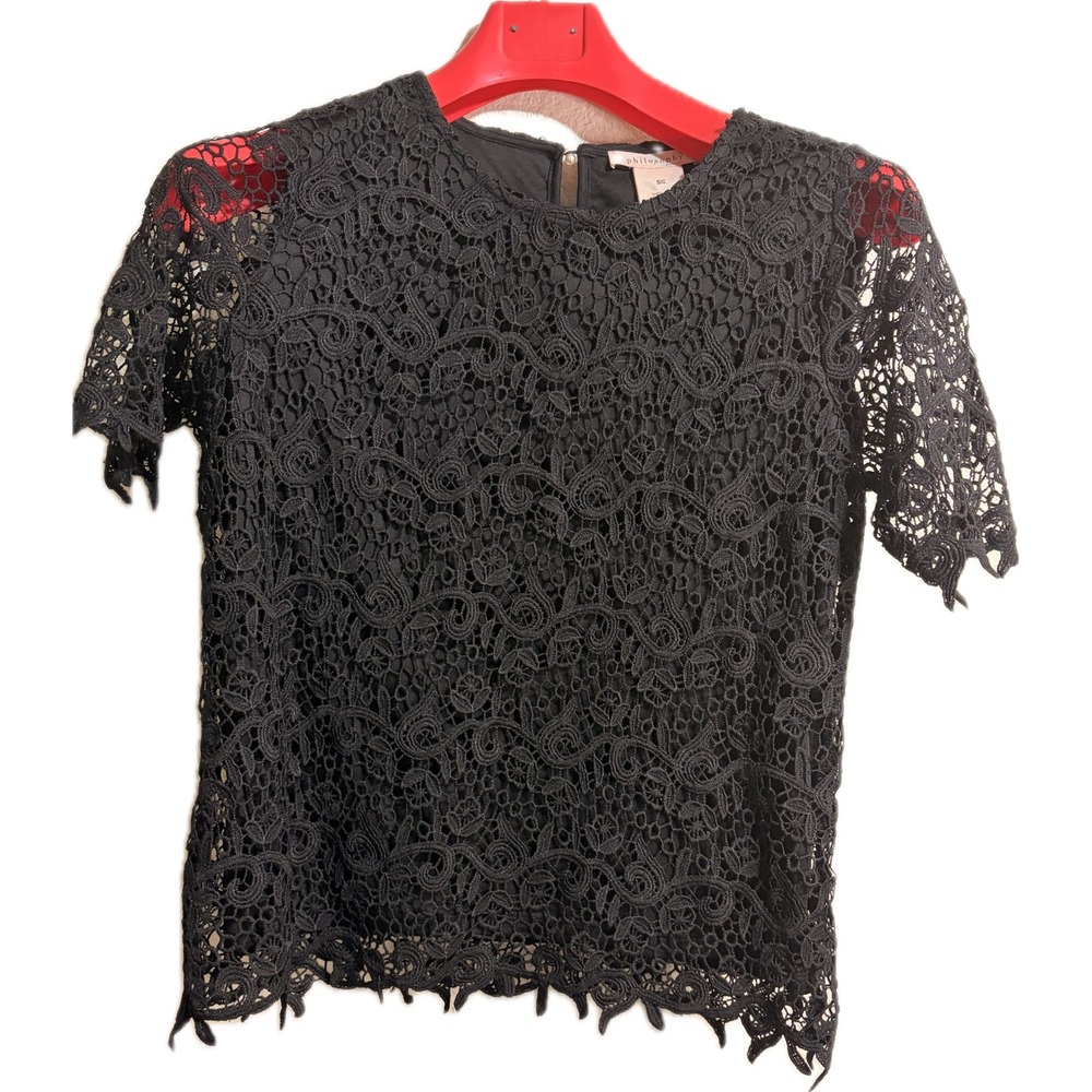 Philosophy Black Lace Short Sleeve Blouse Scalloped Hem Boho S